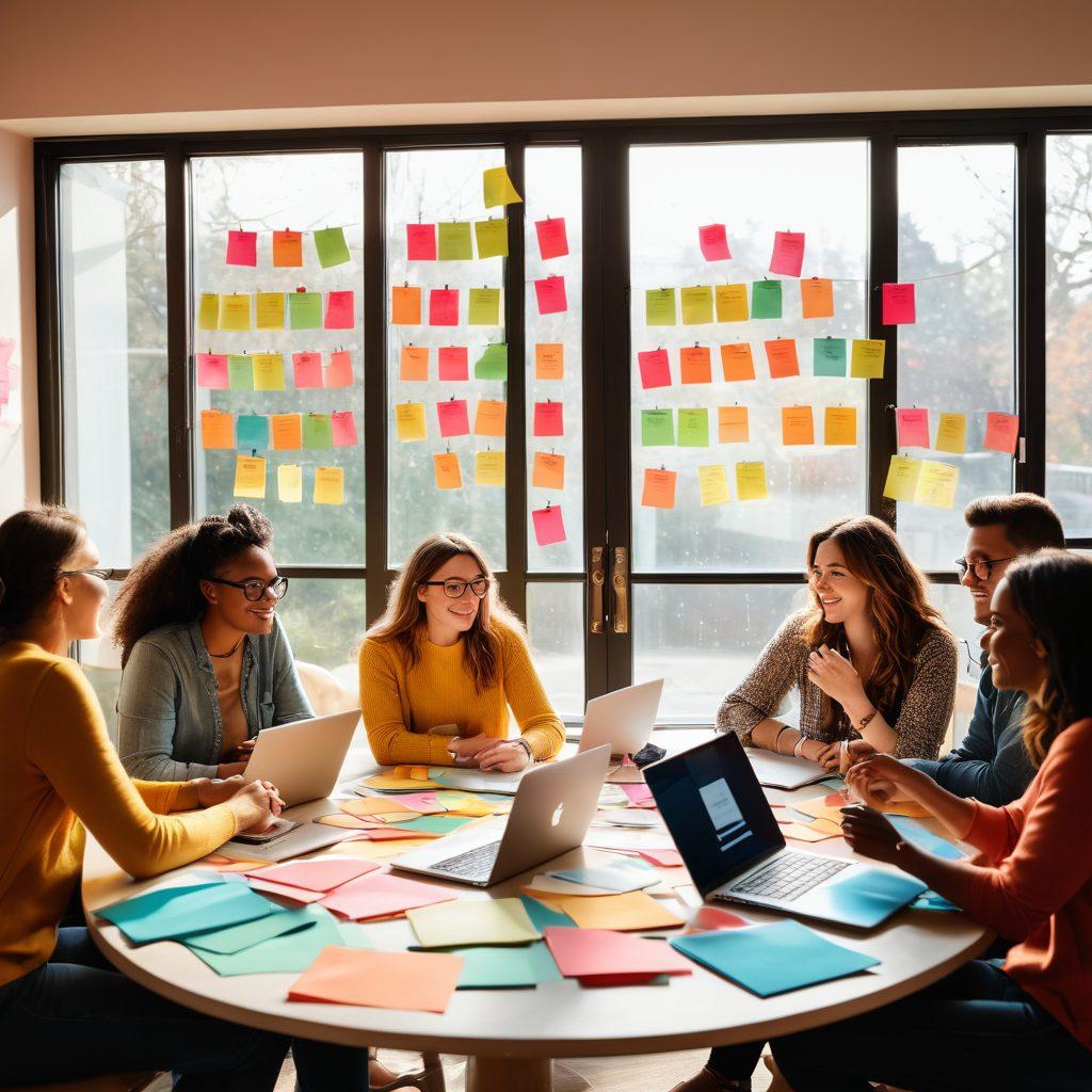 A vibrant scene depicting a diverse group of bloggers gathered around a large, round table, passionately discussing ideas. They're surrounded by colorful sticky notes and laptops, showcasing team spirit and creativity. In the background, a bulletin board filled with fan interactions and comments highlights community engagement. Soft sunlight filters through a window, creating a warm atmosphere. super-realistic. vibrant colors. cozy setting.