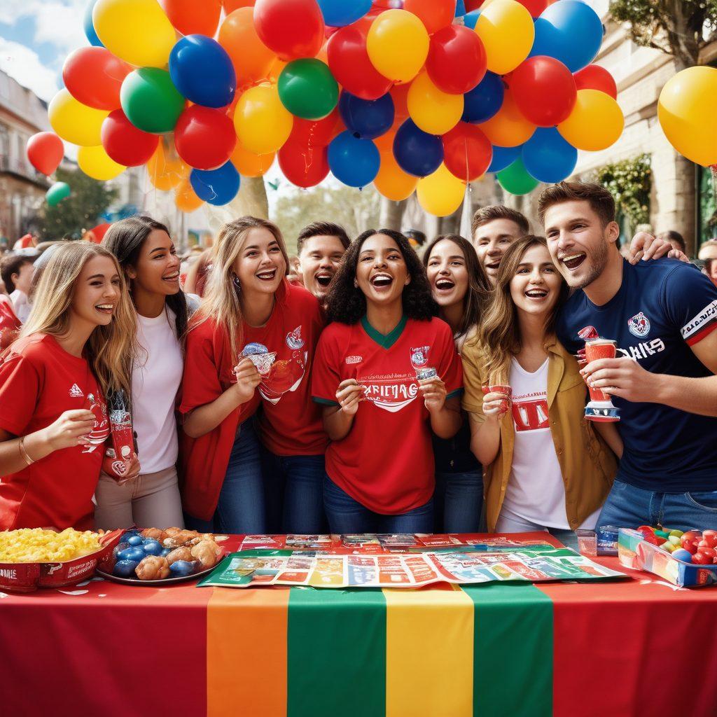 A dynamic scene showing a diverse group of enthusiastic fans gathered around a vibrant merchandise stand, proudly wearing team colors and memorabilia. The backdrop features large banners displaying group discounts and sign-up options, with a festive atmosphere created by balloons and confetti. Emphasize community spirit with smiling faces, engaged conversations, and a sense of camaraderie among fans. super-realistic. vibrant colors. dynamic composition.
