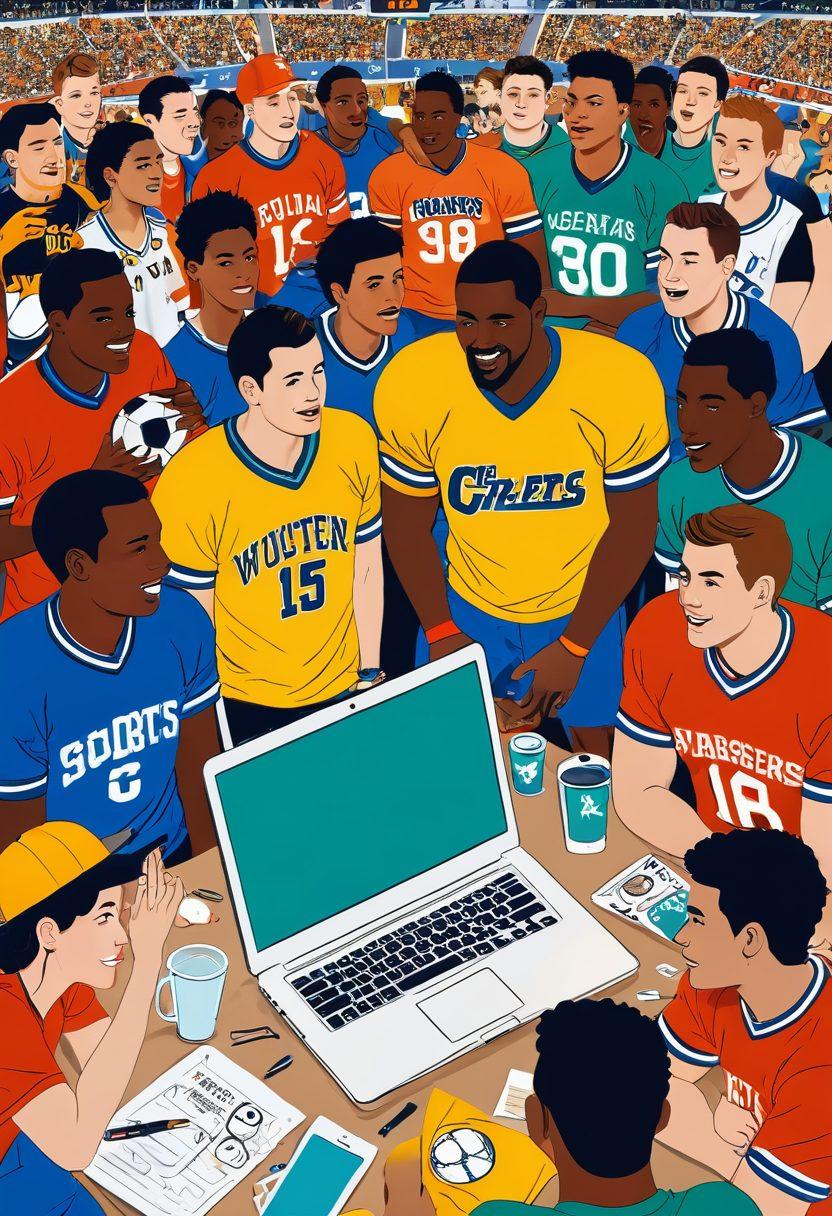 A vibrant illustration of a diverse group of enthusiastic sports fans huddled around a laptop, brainstorming ideas for a personal blog. They’re surrounded by various sports memorabilia, like jerseys, trophies, and banners, showcasing different sports. The atmosphere is energetic and collaborative, with notes and sketches scattered around. The scene has a backdrop of a stadium filled with cheering crowds, emphasizing team spirit. bright colors. dynamic composition.